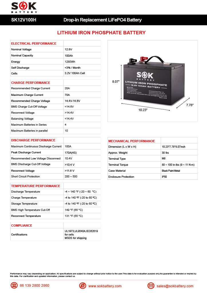 SOK 100Ah | SK12V100H. 12Volt LiFePO4 Battery, Metal Case. Built-in Heater