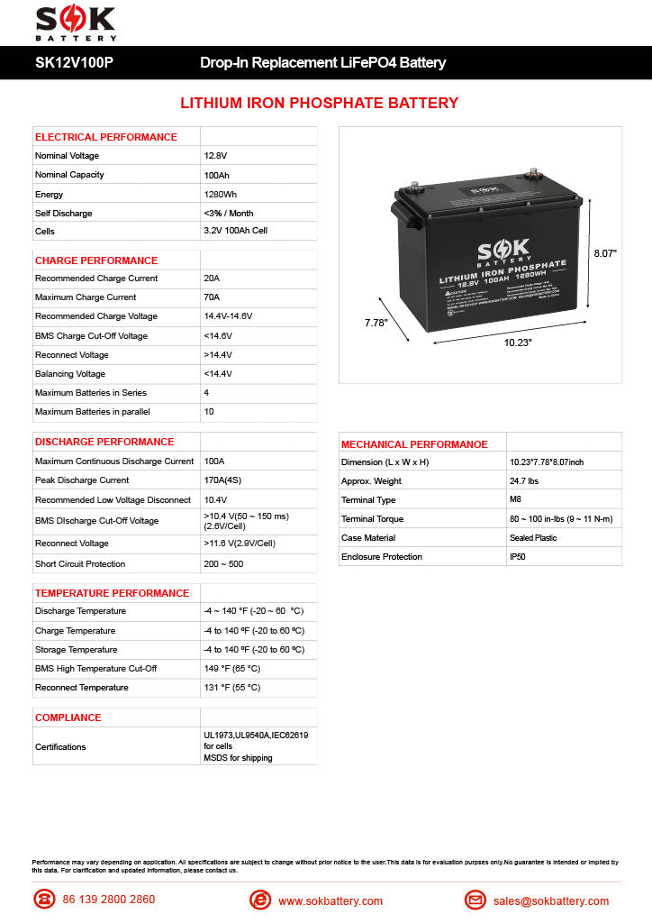 SOK 100Ah | SK12V100P 12Volt LiFePO4 Battery, Marine Grade Plastic Case. Non- Heated