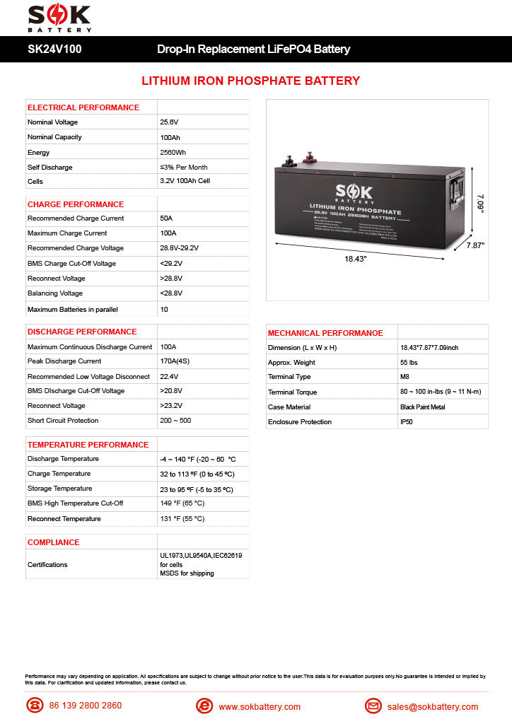 SOK 100Ah | SK24V100 24Volt LiFePO4 Battery, Metal Case. Non-Heated