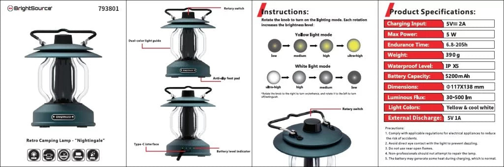 Brightsource - Rechargeable Camping Lantern – White/Amber, Adjustable