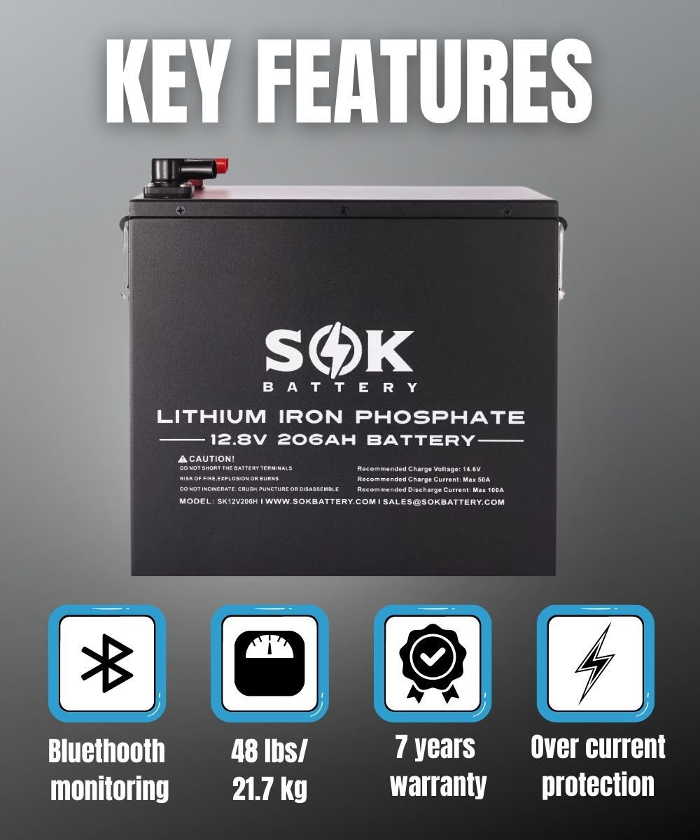 SOK 206Ah | SK12V206H 12Volt LiFePO4 Battery, Metal Case. Built-in Heater