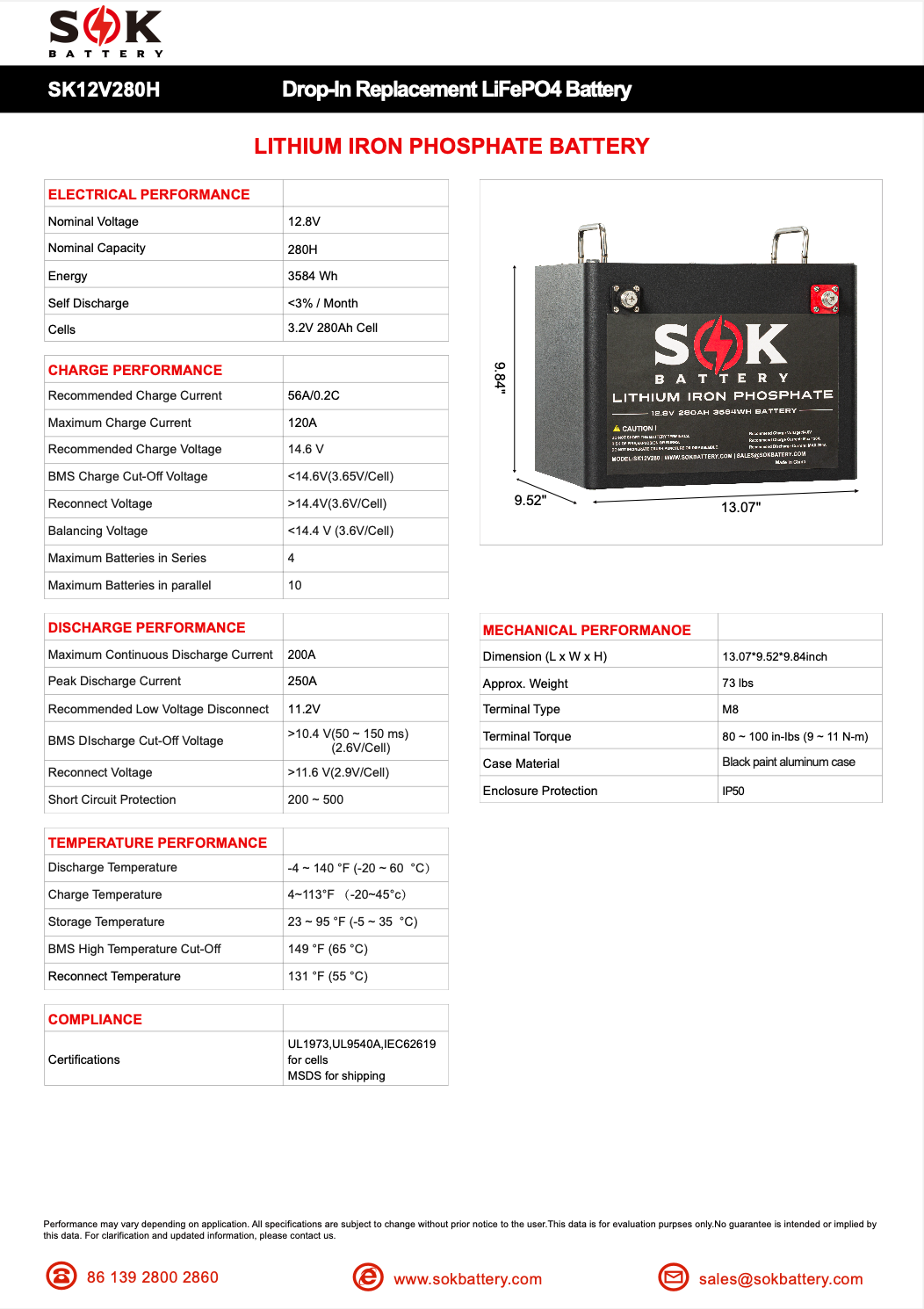 SOK 280Ah | SK12V280H 12Volt LiFePO4 Battery, Metal Case. Built-in Heater