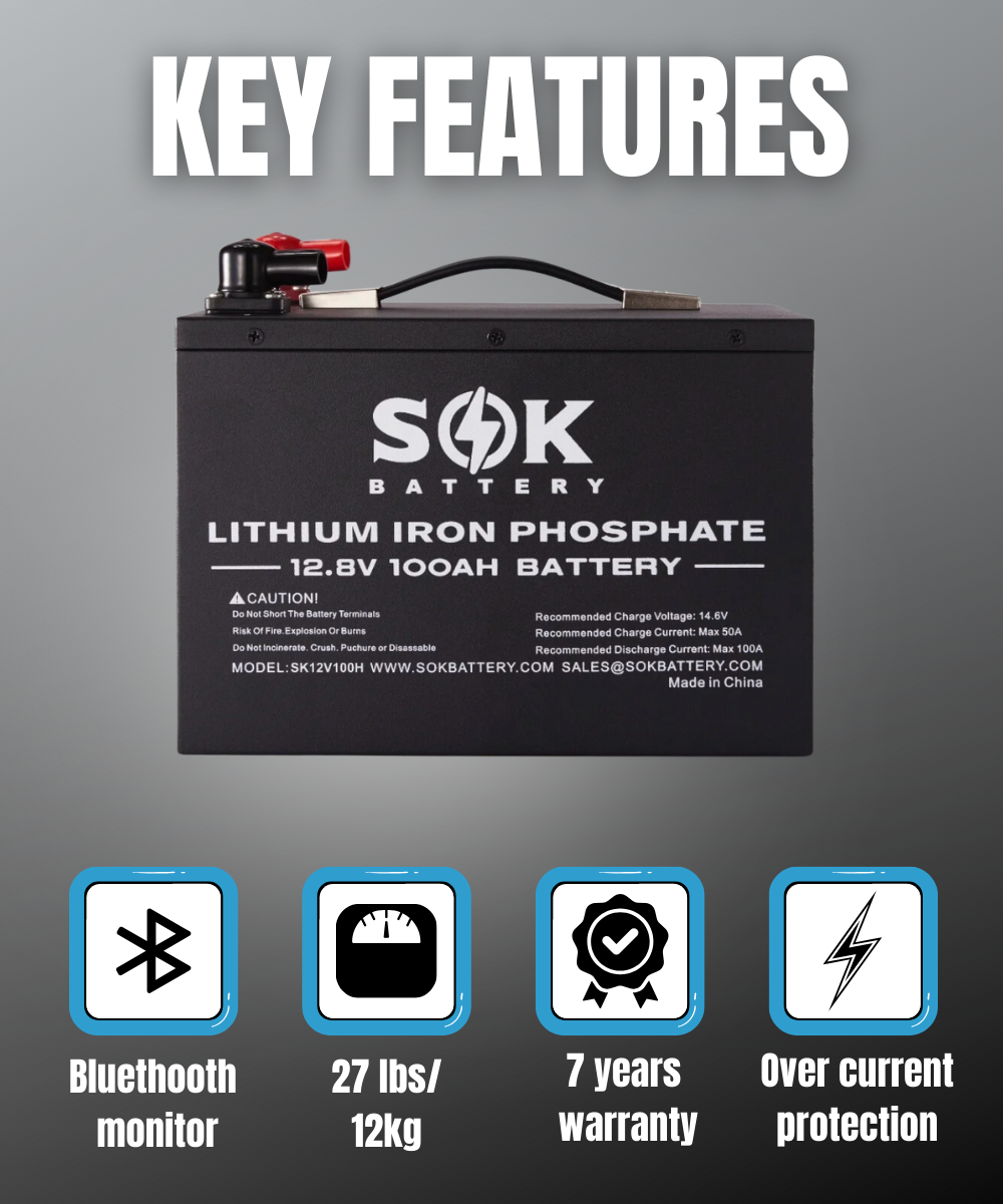 SOK 100Ah | SK12V100H. 12Volt LiFePO4 Battery, Metal Case. Built-in Heater